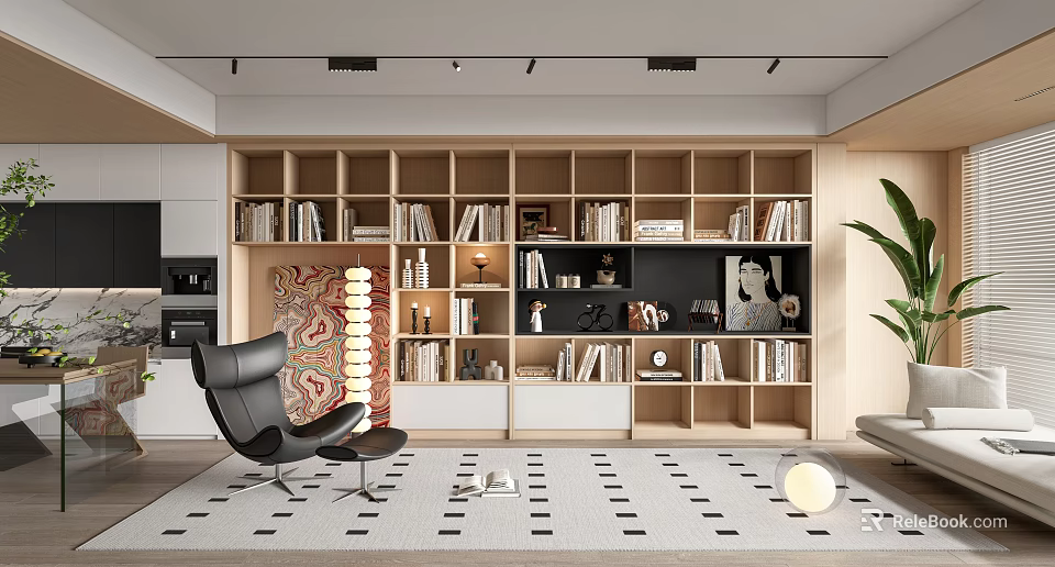 Modern Living Room Interior With Wooden Bookshelves Black Armchair And Geometric Rug 3d model 