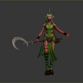 Fantasy Female Elf Character With Green Skin And Scythe Weapon