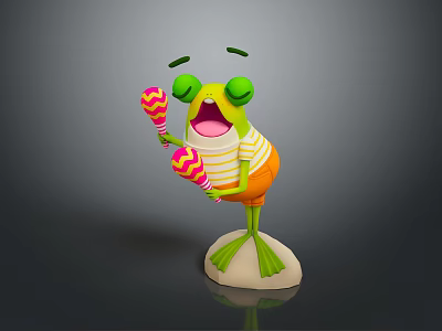 Cheerful Green Cartoon Frog In Striped Outfit Holding Colorful Maracas On White Base 3d model