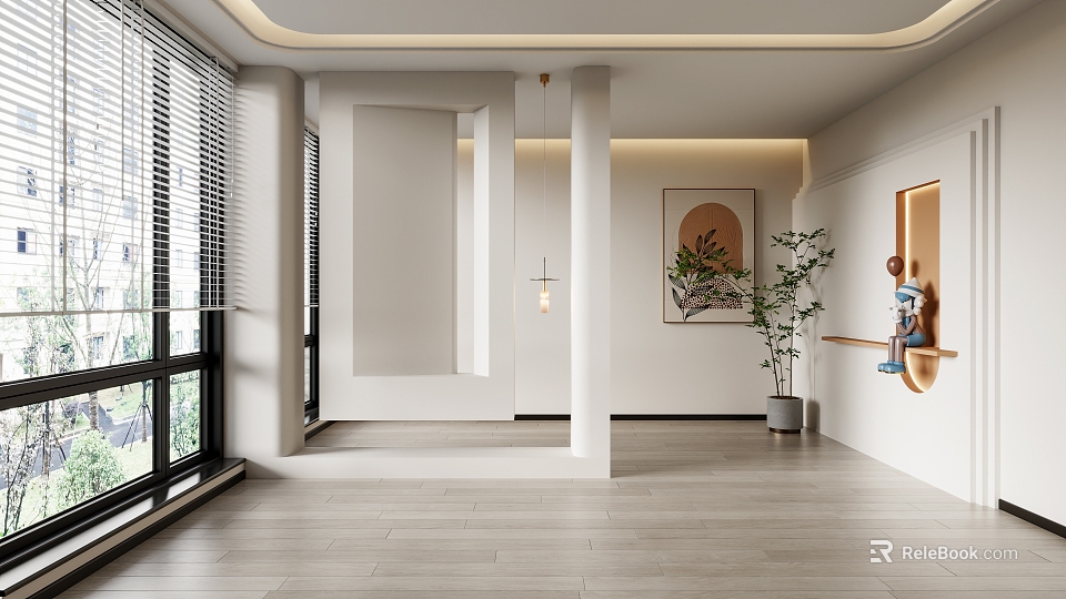 Modern Foyer Hallway With Large Windows Pendant Light And Plants 3d model 