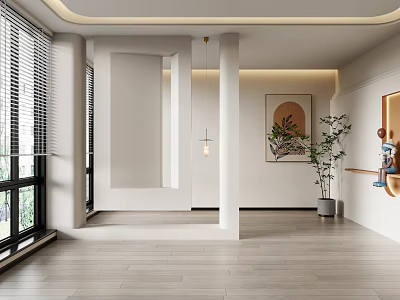 Modern Foyer Hallway With Large Windows Pendant Light And Plants 3d model
