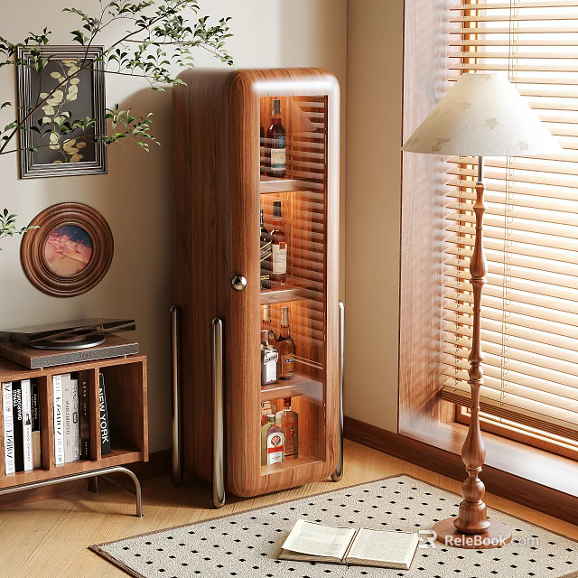 Modern Brown Wooden Wine Cabinet With Glass Door And Wine Bottles In Living Room Interior 3d model 