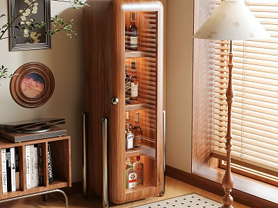 Modern Brown Wooden Wine Cabinet With Glass Door And Wine Bottles In Living Room Interior 3d model