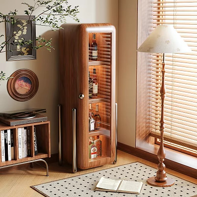 Modern Brown Wooden Wine Cabinet With Glass Door And Wine Bottles In Living Room Interior 3d model