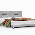 Modern Double Bed With Grey Leather Tufted Headboard And Colorful Patterned Blanket 3d model