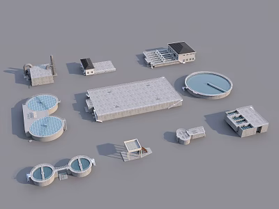 Industrial Plant Facilities With Various Structures Including Circular Tanks And Roofed Buildings 3d model