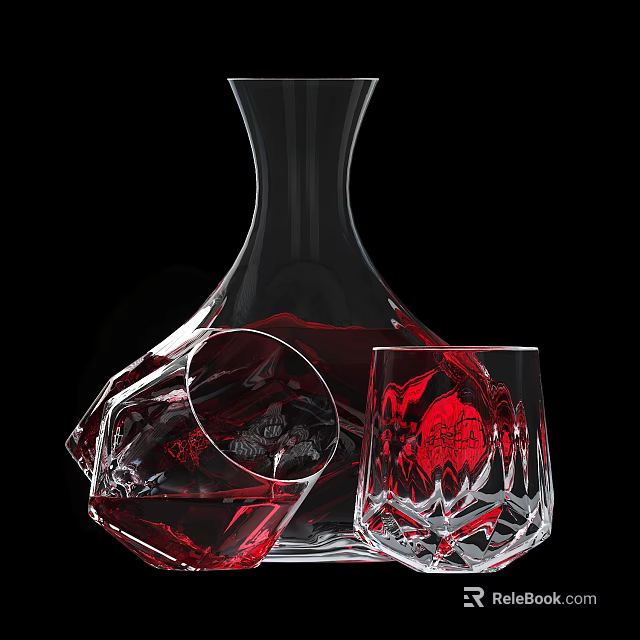 Crystal Wine Decanter and Glass with Red Wine Elegant Design Against Black Background 3d model 