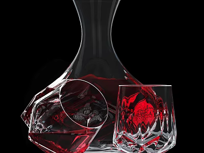 Crystal Wine Decanter and Glass with Red Wine Elegant Design Against Black Background 3d model