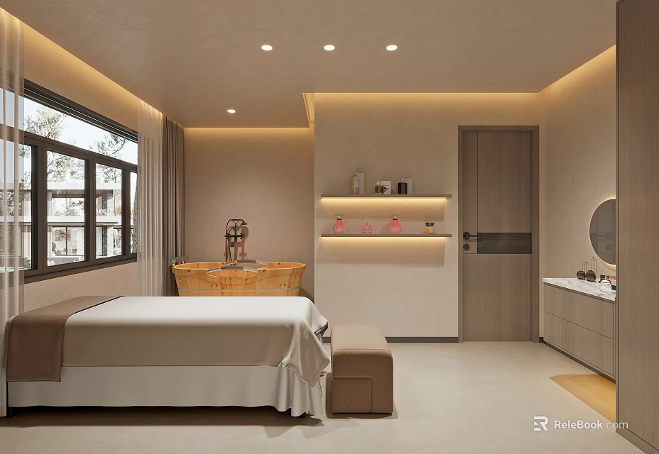 Relaxing SPA Sauna Room with Massage Bed Bathtub Window and Shelves 3d model 