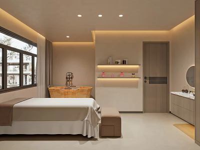 Relaxing SPA Sauna Room with Massage Bed Bathtub Window and Shelves 3d model