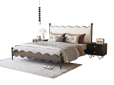 Scalloped Headboard Double Bed With Metal Frame Gray Beige Pillows Striped Quilt And Nightstands 3d model
