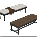 Tufted Leather Benches In White And Brown With Black Legs And Brown Blanket