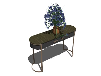 Modern Entryway Console Table With Green Wooden Top Metal Legs And Purple Flower Vase 3d model