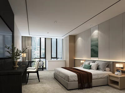Modern Hotel Guest Room With Large Bed Headboard Wall Art And Window View 3d model