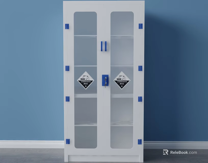 White Double Door Chemical Storage Cabinet With Transparent Glass And Warning Labels 3d model 