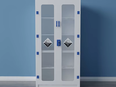 White Double Door Chemical Storage Cabinet With Transparent Glass And Warning Labels 3d model