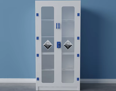 White Double Door Chemical Storage Cabinet With Transparent Glass And Warning Labels 3d model