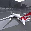Qantas White Passenger Plane with Red Tail Fin Parked in Airport Hangar with Reflective Floor
