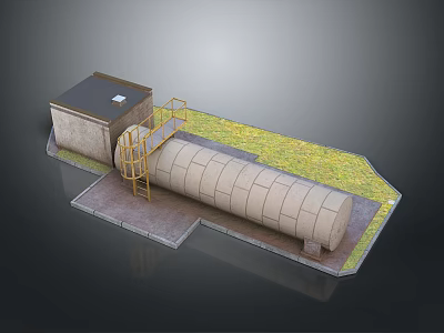 Industrial Cylindrical Storage Tank With Control Building Metal Stairs And Green Ground Base 3d model