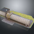 Industrial Cylindrical Storage Tank With Control Building Metal Stairs And Green Ground Base