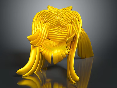 Yellow Modern Sculptural Single Chair Featuring Curved Leaf Like Design And Glossy Finish 3d model