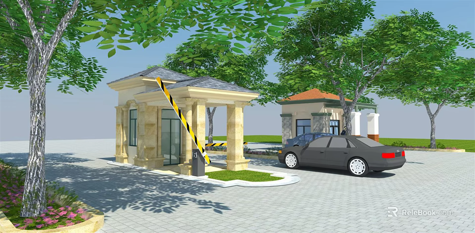 Entrance Gate Featuring Gatehouse Barrier Green Trees Black Car On Paved Ground 3d model 