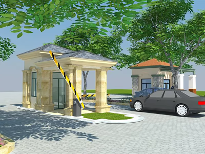 Entrance Gate Featuring Gatehouse Barrier Green Trees Black Car On Paved Ground 3d model