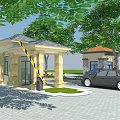 Entrance Gate Featuring Gatehouse Barrier Green Trees Black Car On Paved Ground