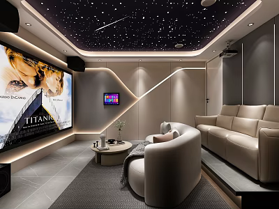 Elegant Home Theater Room Interior With Starry Ceiling Large Screen And Comfortable Sofas 3d model
