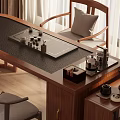 Modern Chinese Style Solid Wood Tea Table with Gray Cushioned Chairs and Tea Set 3d model