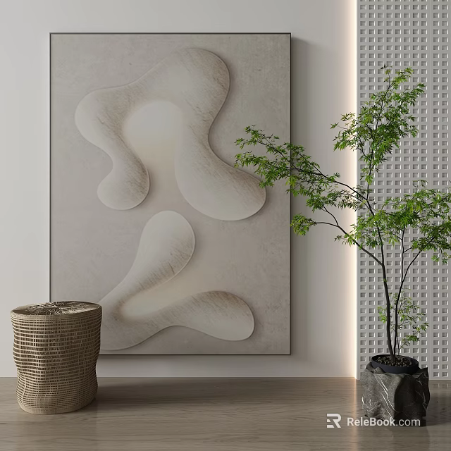 Abstract Art Painting With 3D Texture Green Plant And Woven Basket In Minimalist Interior 3d model 