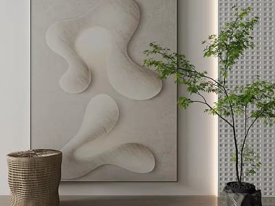Abstract Art Painting With 3D Texture Green Plant And Woven Basket In Minimalist Interior 3d model