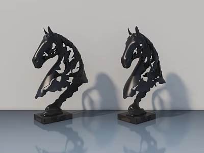 Two Black Horse Head Sculptures With Intricate Cutout Design On Wooden Bases And Reflections 3d model