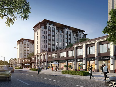 Modern Commercial Street Featuring High Rise Buildings Shops Pedestrians Cars And Greenery 3d model
