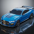 Blue Mustang Sports Car With Rear Spoiler Black Wheels And Sporty Exterior