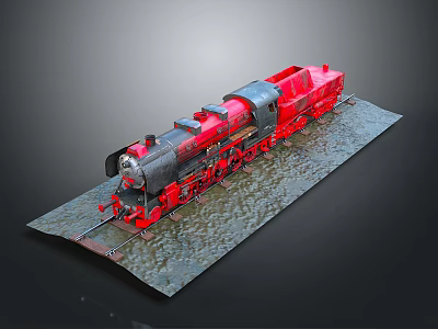 Detailed Red and Black Vintage Train Model Displayed on Textured Base With Rail Tracks 3d model