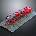 Detailed Red and Black Vintage Train Model Displayed on Textured Base With Rail Tracks