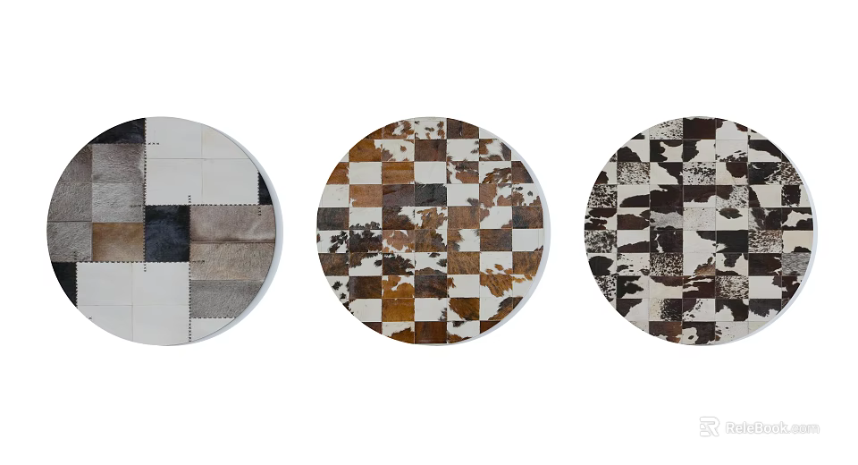 Round Handmade Leather Patchwork Rugs with Brown White Black Checkerboard Patterns 3d model