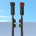 Black Traffic Lights Standing With Red Light And Yellow Bases On Blue Background