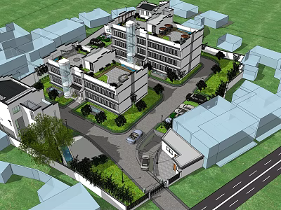 Modern Architectural Complex Design Featuring Green Landscaping Roads Vehicles And Buildings 3d model