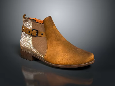 Fashionable Brown Ankle Boots With Metallic Panel Buckle Strap And Low Heel Design 3d model