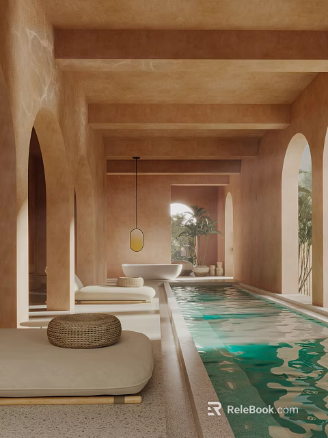 Tranquil SPA Space With Pool Archways Lounges And Warm Tones 3d model 