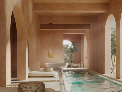 Tranquil SPA Space With Pool Archways Lounges And Warm Tones 3d model