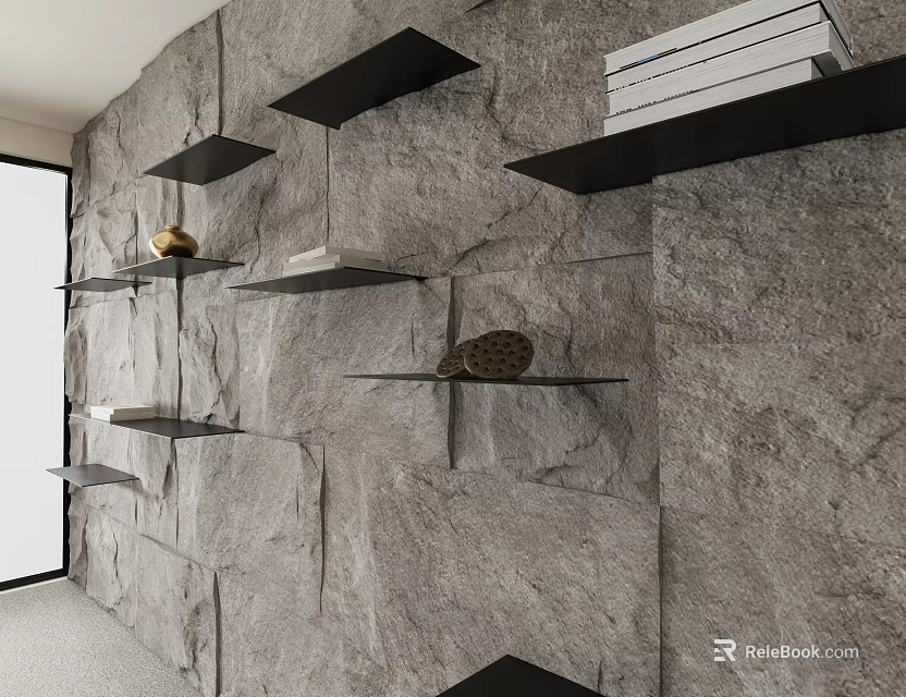 Black Floating Shelves on Grey Stone Wall with Books and Decorative Items 3d model 