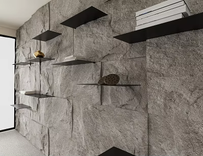 Black Floating Shelves on Grey Stone Wall with Books and Decorative Items 3d model