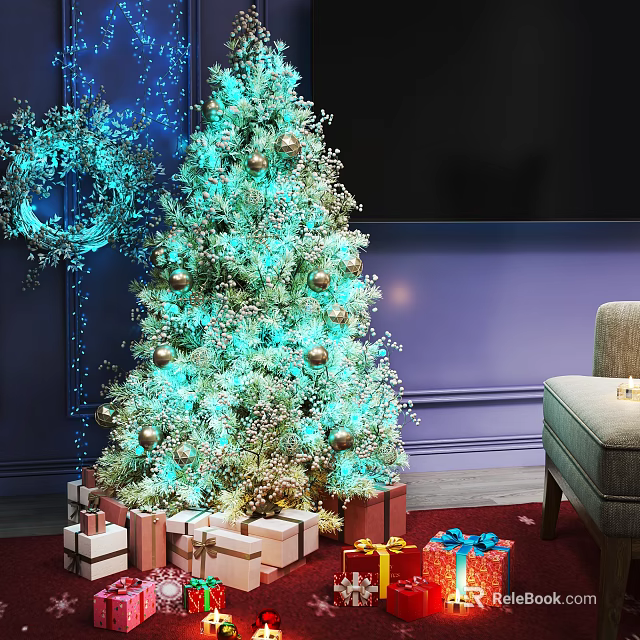 Festive Christmas Tree Decorative Ornament Set with Golden Baubles Blue Lights Gift Boxes and Wreath 3d model 