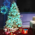 Festive Christmas Tree Decorative Ornament Set with Golden Baubles Blue Lights Gift Boxes and Wreath