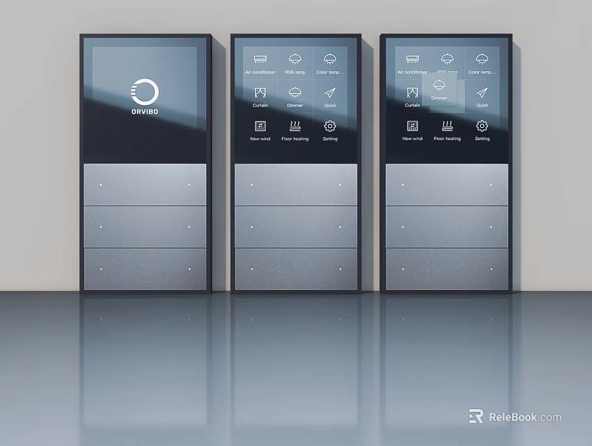 Modern Smart Sliding Doors With Black Panel Silver Frame And Digital Icons Design 3d model 