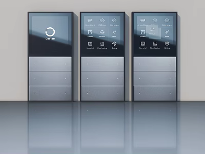 Modern Smart Sliding Doors With Black Panel Silver Frame And Digital Icons Design 3d model
