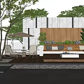 Modern Garden Outdoor Space With Wooden Wall Sofa Umbrella And Green Plants